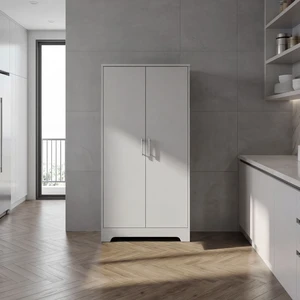 Tall Pantry Cabinet with Two Doors, Fixed Shelves Kitchen Storage Organizer Freestanding Food Storage Solution, White Tall Pantry Cabinet with Two Doors, Fixed Shelves Kitchen Storage Organizer Freestanding Food Storage Solution, White