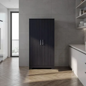 Tall Pantry Cabinet with Two Doors, Fixed Shelves Kitchen Storage Organizer Freestanding Food Storage Solution, Wenge Tall Pantry Cabinet with Two Doors, Fixed Shelves Kitchen Storage Organizer Freestanding Food Storage Solution, Wenge