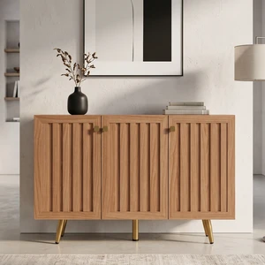 46.9 Inch Fluted 3 Door Sideboard Buffet Cabinet with 3 Shelves, Oak, Particle Board and MDF, Servers Sideboards 46.9 Inch Fluted 3 Door Sideboard Buffet Cabinet with 3 Shelves, Oak, Particle Board and MDF, Servers Sideboards