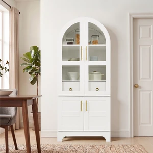 77 Inch High Arched Kitchen Cabinet with Door Panels and Shelves, Hidden Drawers and Glass Doors with Side Spice Rack 77 Inch High Arched Kitchen Cabinet with Door Panels and Shelves, Hidden Drawers and Glass Doors with Side Spice Rack