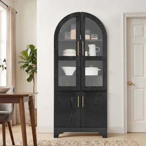 77 Inch High Arched Kitchen Cabinet with Door Panels and Shelves, Hidden Drawers and Glass Doors with Side Spice Rack 77 Inch High Arched Kitchen Cabinet with Door Panels and Shelves, Hidden Drawers and Glass Doors with Side Spice Rack