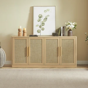67 Inch Rattan Sideboard Buffet Cabinet, 4 Door Large Storage Credenza with Shelves Buffet Cabinet for Living Dining 67 Inch Rattan Sideboard Buffet Cabinet, 4 Door Large Storage Credenza with Shelves Buffet Cabinet for Living Dining