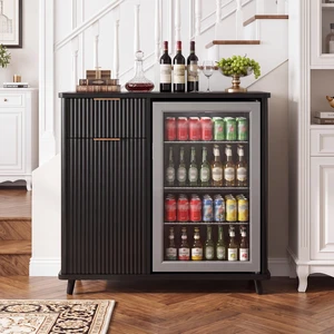 Fluted Coffee Bar Cabinet with Mini Fridge Space and Charging Station, Bar Cabinet with Hidden Trash Can Storage Fluted Coffee Bar Cabinet with Mini Fridge Space and Charging Station, Bar Cabinet with Hidden Trash Can Storage