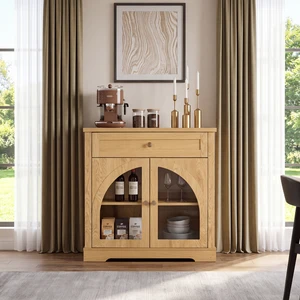 32 Inch Sideboard Cabinet with 1 Drawer and Arched Glass Doors, Accent Storage Cabinet with Adjustable Shelves 32 Inch Sideboard Cabinet with 1 Drawer and Arched Glass Doors, Accent Storage Cabinet with Adjustable Shelves