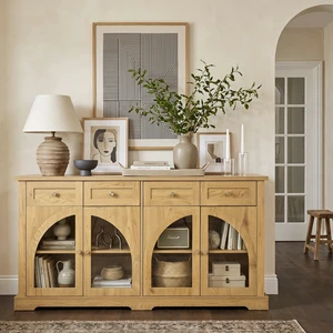 60 Inch Sideboard Cabinet with 4 Drawers and Arched Glass Doors, Accent Storage Cabinet with Adjustable Shelves 60 Inch Sideboard Cabinet with 4 Drawers and Arched Glass Doors, Accent Storage Cabinet with Adjustable Shelves