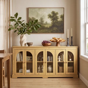 68 Inch Arched Glass Sideboard with 6 Doors, Buffet Cabinet with Storage and Adjustable Shelves Large Credenza 68 Inch Arched Glass Sideboard with 6 Doors, Buffet Cabinet with Storage and Adjustable Shelves Large Credenza