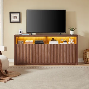 67 Inch Wooden Sideboard Buffet Cabinet with LED Strip and Power Outlets, 4 Compartment Storage Coffee Bar Cabinet 67 Inch Wooden Sideboard Buffet Cabinet with LED Strip and Power Outlets, 4 Compartment Storage Coffee Bar Cabinet