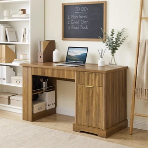 55 Inch Fluted Desk with Storage Cabinet and Drawers, Computer Writing Desk with Power Outlet Pegboard Built in Shelves 55 Inch Fluted Desk with Storage Cabinet and Drawers, Computer Writing Desk with Power Outlet Pegboard Built in Shelves