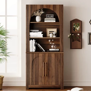 70.87 Inch Bookcase, Bookshelf with Large Storage Cabinet Open Display Shelves and Arched Doors for Living, Walnut