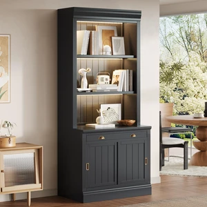 83.4 Inch Tall Bookshelf with 3 Pieces LED Lighting, Bookcase with Sliding Doors and Open Shelves Storage 83.4 Inch Tall Bookshelf with 3 Pieces LED Lighting, Bookcase with Sliding Doors and Open Shelves Storage