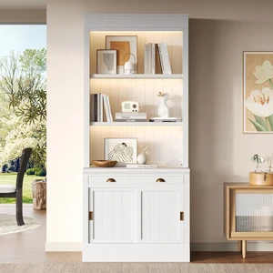 83.4 Inch Tall Bookshelf with Layer LED Lightings, Bookcase with Sliding Doors and Open Shelves Storage Bookshelf 83.4 Inch Tall Bookshelf with Layer LED Lightings, Bookcase with Sliding Doors and Open Shelves Storage Bookshelf