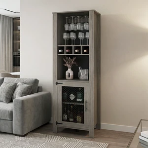 One Door Bar Cabinet with 2 Shelves, Open Storage 4 Bottle Racks and Glass Cup Holders, Grayish, Particle Board One Door Bar Cabinet with 2 Shelves, Open Storage 4 Bottle Racks and Glass Cup Holders, Grayish, Particle Board