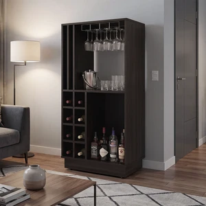 Bar Cabinet with Wine Bottle Storage, Glass Holder Shelves and Cabinet Doors, Dark Oak, Particle Board Bar Cabinet with Wine Bottle Storage, Glass Holder Shelves and Cabinet Doors, Dark Oak, Particle Board