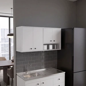 Wall-Mounted Kitchen Cabinet with 4 Door Closed Storage Cabinets, Interior Shelves and Open Small Storage Space, White Wall-Mounted Kitchen Cabinet with 4 Door Closed Storage Cabinets, Interior Shelves and Open Small Storage Space, White
