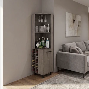 Corner Bar Cabinet with Wine Cubbies, Stemware Rack and 4 Shelves, Light Gray, Particle Board Corner Bar Cabinet with Wine Cubbies, Stemware Rack and 4 Shelves, Light Gray, Particle Board