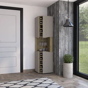 Lyla Corner Bar Cabinet, Ten Built in Wine Rack Four Door Cabinet Four Interior Shelves, Multi, Particle Board Lyla Corner Bar Cabinet, Ten Built in Wine Rack Four Door Cabinet Four Interior Shelves, Multi, Particle Board