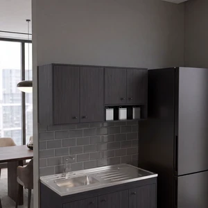 Wall-Mounted Kitchen Cabinet with 4 Door Closed Storage Cabinets, Interior Shelves and Open Small Storage Space, Dark Wall-Mounted Kitchen Cabinet with 4 Door Closed Storage Cabinets, Interior Shelves and Open Small Storage Space, Dark