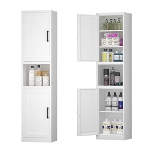 67 Inch Tall Narrow Storage Cabinet, Freestanding Linen Tower with Reversible Magnetic Doors Adjustable Shelves Open 67 Inch Tall Narrow Storage Cabinet, Freestanding Linen Tower with Reversible Magnetic Doors Adjustable Shelves Open