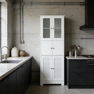 Storage Cabinet, Freestanding Cabinet Kitchen White, MDF and Glass Storage Cabinet, Freestanding Cabinet Kitchen White, MDF and Glass