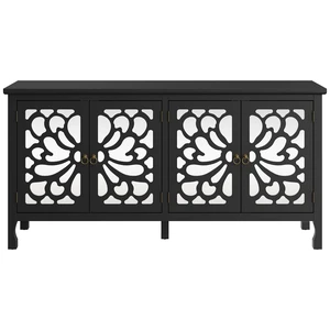 Carved Buffet Cabinet with Mirrored Door for Living, Black, Particle Board and MDF Carved Buffet Cabinet with Mirrored Door for Living, Black, Particle Board and MDF