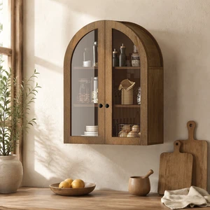 Arched Wall Mounted Cabinet, Veneer Wall Storage Cabinet with Tempered Glass Doors Easy Hanging Hardware Included Arched Wall Mounted Cabinet, Veneer Wall Storage Cabinet with Tempered Glass Doors Easy Hanging Hardware Included
