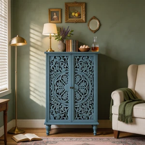Accent Storage Cabinet, 2 Door Decorative Cabinet with Hollow Carved Doors Adjustable Shelf Freestanding Display Accent Storage Cabinet, 2 Door Decorative Cabinet with Hollow Carved Doors Adjustable Shelf Freestanding Display