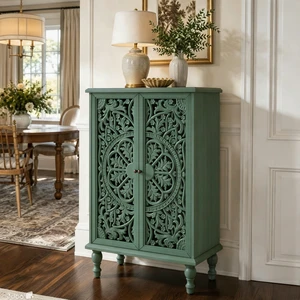 Tall Accent Cabinet with Doors and Storage, Hollow Carved Double Door Display Cabinet with Adjustable Shelf and Turned Tall Accent Cabinet with Doors and Storage, Hollow Carved Double Door Display Cabinet with Adjustable Shelf and Turned