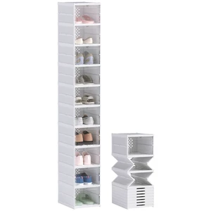 Pack Foldable Shoe Organizer, Plastic Assembly Stackable Shoe Storage Box with Clear Door Space Saving Fit Size, White Pack Foldable Shoe Organizer, Plastic Assembly Stackable Shoe Storage Box with Clear Door Space Saving Fit Size, White