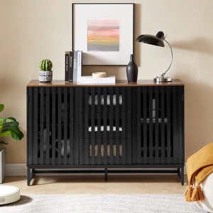 3 Drawer and 4 Shelves Dresser with Slatted Grille Striped Drawer and Doors, Dresser High MDF and Metal Leg, Black 3 Drawer and 4 Shelves Dresser with Slatted Grille Striped Drawer and Doors, Dresser High MDF and Metal Leg, Black