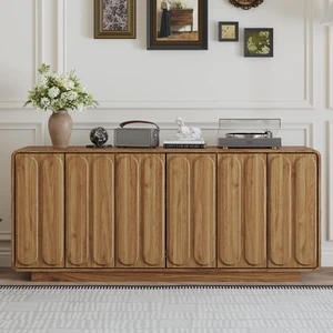 Door Sideboard Cabinet, Curved Textured Cabinet Doors Wooden Storage Buffet Credenza with Adjustable Shelves Large Door Sideboard Cabinet, Curved Textured Cabinet Doors Wooden Storage Buffet Credenza with Adjustable Shelves Large