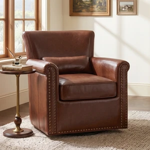 360° Swivel Accent Chair Leather Upholstered Club Chair with Rolled Arm, Sewn Pillow Back and Nailhead Trim Metal Base 360° Swivel Accent Chair Leather Upholstered Club Chair with Rolled Arm, Sewn Pillow Back and Nailhead Trim Metal Base
