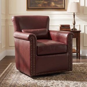 360° Swivel Accent Chair Leather Upholstered Club Chair with Rolled Arm, Sewn Pillow Back and Nailhead Trim Metal Base 360° Swivel Accent Chair Leather Upholstered Club Chair with Rolled Arm, Sewn Pillow Back and Nailhead Trim Metal Base