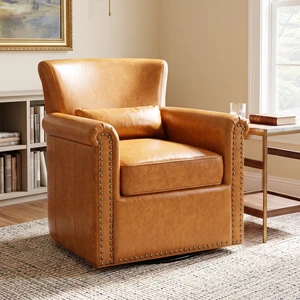 360° Swivel Accent Chair Upholstered Club Chair with Rolled Arm, Sewn Pillow Back and Nailhead Trim Metal Base 360° Swivel Accent Chair Upholstered Club Chair with Rolled Arm, Sewn Pillow Back and Nailhead Trim Metal Base