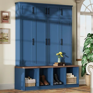 Tree with Hidden Hanging Hooks, Seating Bench with 8 Doors Entryway Shoe Cabinet with Open Compartment for Living Old Tree with Hidden Hanging Hooks, Seating Bench with 8 Doors Entryway Shoe Cabinet with Open Compartment for Living Old
