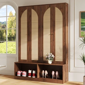 Tree with Rattan Doors, Seating Bench with 6 Hooks Mid-Century Entryway Shoe Cabinet with Shelf for Living 55.1 Inch Tree with Rattan Doors, Seating Bench with 6 Hooks Mid-Century Entryway Shoe Cabinet with Shelf for Living 55.1 Inch
