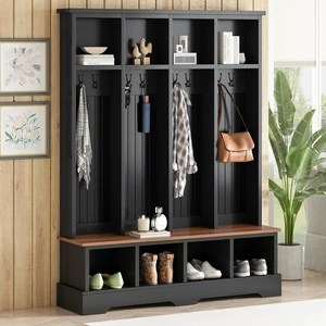 Tree with 8 Hooks, Practical Entryway Bench with Open Compartments 76.7 Inch Wooden Coat and Shoe Rack for Mudroom Tree with 8 Hooks, Practical Entryway Bench with Open Compartments 76.7 Inch Wooden Coat and Shoe Rack for Mudroom
