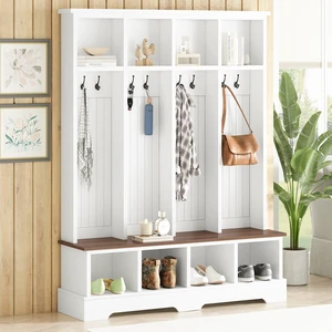 Tree with 8 Hooks, Practical Entryway Bench with Open Compartments 76.7 Inch Wooden Coat and Shoe Rack for Mudroom Tree with 8 Hooks, Practical Entryway Bench with Open Compartments 76.7 Inch Wooden Coat and Shoe Rack for Mudroom