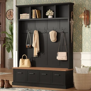 Tree with Storage Bench, Mudroom Coat Rack with 6 Hooks All In-One Entryway Organizer with Open Shelves and Enclosed Tree with Storage Bench, Mudroom Coat Rack with 6 Hooks All In-One Entryway Organizer with Open Shelves and Enclosed
