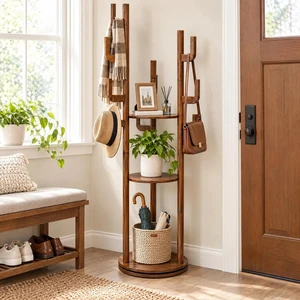 Coat Rack Freestanding, Solid Rotary Coat Rack with Storage Shelves and 9 Hooks Tree for Entryway Hanger Stand Coat Rack Freestanding, Solid Rotary Coat Rack with Storage Shelves and 9 Hooks Tree for Entryway Hanger Stand
