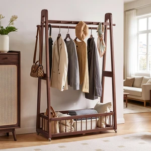 Solid Freestanding Clothing Garment Rack, ×16.34 ×63.78 Mobile Wooden Clothes Hanger Stand with Lockable Wheels Hook Solid Freestanding Clothing Garment Rack, ×16.34 ×63.78 Mobile Wooden Clothes Hanger Stand with Lockable Wheels Hook