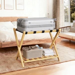 Folding Bamboo Luggage Rack 29×28×3 Inch, Foldable Suitcase Stand with Lower Storage Shelf Guest Luggage Holder Folding Bamboo Luggage Rack 29×28×3 Inch, Foldable Suitcase Stand with Lower Storage Shelf Guest Luggage Holder
