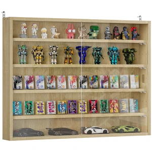 5 Tier Display Cabinet, Glass Door Cabinet with Adjustable Shelves Wall-Mounted Display Case for Playroom, Oak 5 Tier Display Cabinet, Glass Door Cabinet with Adjustable Shelves Wall-Mounted Display Case for Playroom, Oak