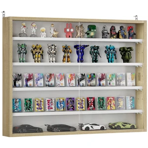 5 Tier Display Cabinet, Glass Door Cabinet with Adjustable Shelves Wall-Mounted Display Case for Playroom, Oak 5 Tier Display Cabinet, Glass Door Cabinet with Adjustable Shelves Wall-Mounted Display Case for Playroom, Oak