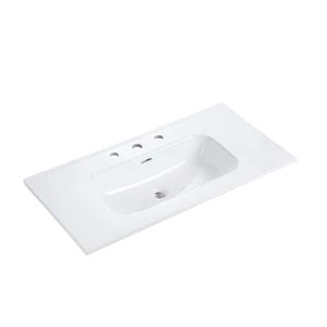 Integrated Ceramic Basin with Three Predrilled Faucet Holes, Faucet and Drain Assembly Not Included, Glossy White Integrated Ceramic Basin with Three Predrilled Faucet Holes, Faucet and Drain Assembly Not Included, Glossy White