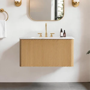 30 Inch Striped Vanity with Carrara Ceramic Sink, Wall Mounted Floating Vanity, Carrara White Light Oak, Ceramic, MDF 30 Inch Striped Vanity with Carrara Ceramic Sink, Wall Mounted Floating Vanity, Carrara White Light Oak, Ceramic, MDF
