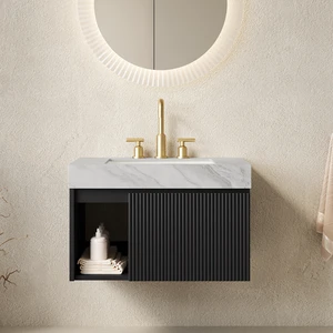30 Inch Vanity and Sink, Floating Storage Cabinet Carrara Vein Sintered Stone Top and Ceramic Basin with Pre Drilled 30 Inch Vanity and Sink, Floating Storage Cabinet Carrara Vein Sintered Stone Top and Ceramic Basin with Pre Drilled