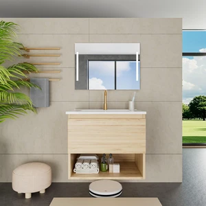 24 Inch Vanity Cabinet with Ceramic Sink Oak Wall Mounted Floating Vanity with Drawers, Without Faucet and Drain, MDF 24 Inch Vanity Cabinet with Ceramic Sink Oak Wall Mounted Floating Vanity with Drawers, Without Faucet and Drain, MDF