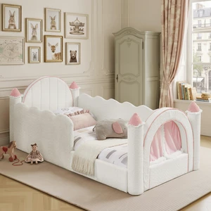 Twin Size Castle Bed with Safety Guardrail and Curtain, Solid Bed Frame for Boucle Fabric, White, Boucle, Beds Frames Twin Size Castle Bed with Safety Guardrail and Curtain, Solid Bed Frame for Boucle Fabric, White, Boucle, Beds Frames