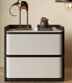 Nightstand with Saddle Leather Finish Silent Drawer Rails 2 Drawers, Black Nightstand with Saddle Leather Finish Silent Drawer Rails 2 Drawers, Black