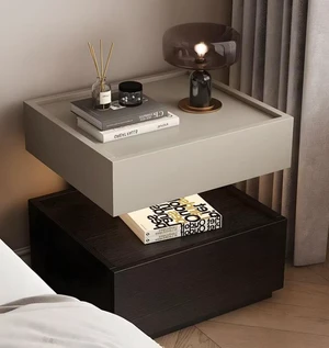 Two Tier Bedside Table with Drawer Tray Top Nightstand Storage Bedside Cabinet, Black Light Grey, Solid Wood Two Tier Bedside Table with Drawer Tray Top Nightstand Storage Bedside Cabinet, Black Light Grey, Solid Wood